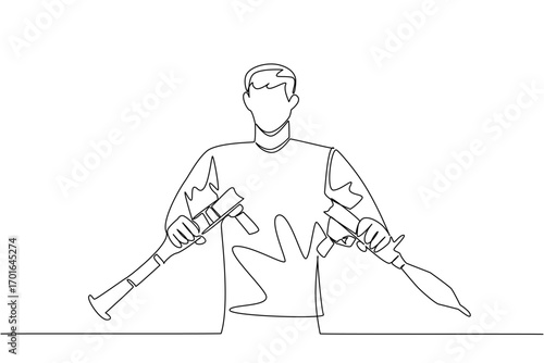 Single continuous line drawing a young man in casual clothes holding and breaking an rpg with both hands. Wanting peace. International Conscientious Objectors Day. One line design vector illustration