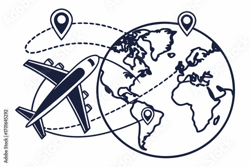 Airplane Travel Around the World with Location Pins.