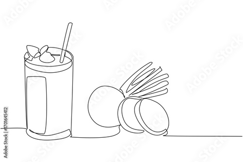 Single continuous line drawing glass of beetroot juice with straw and leaf on top of the glass. A refreshing drink can prevent dementia. National Juice Slush Day. One line design vector illustration