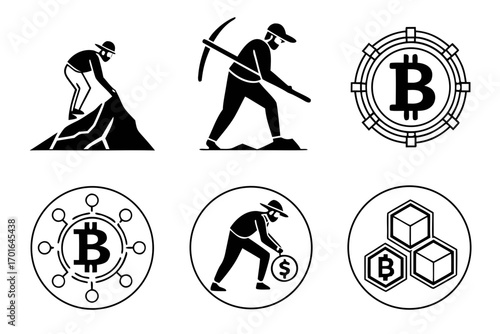 Bitcoin Mining and Cryptocurrency Icons Set.