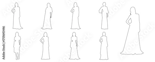 Architectural Drawings stylish people in elegant evening wear and gowns outline vector illustration,  front view, human person Minimal style hand drawn. Sections, Elevations, Floor Plans