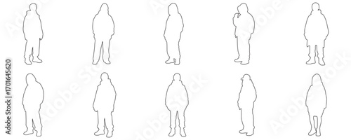 Architectural Drawings trendy people in oversized streetwear outfits, casual poses outline vector illustration,  front view, human person Minimal style hand drawn. Sections, Elevations, Floor Plans