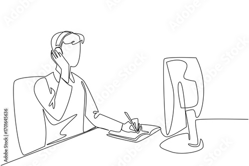 Single one line drawing young male customer support holding headphones and one hand is writing in a book. Best service. International Customer Support Day. Continuous line design graphic illustration