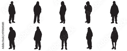 Architectural Drawings trendy people in oversized streetwear outfits, casual poses silhouette vector illustration,  front view, human person Minimal style hand drawn. Sections, Elevations, Floor Plans