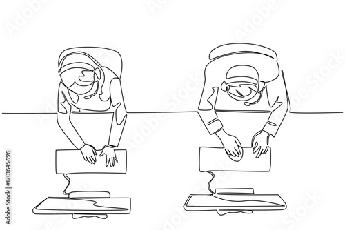 Continuous one line drawing male and female customer support wearing headphones sitting while typing. Work together. International Customer Support Day. Single line draw design vector illustration