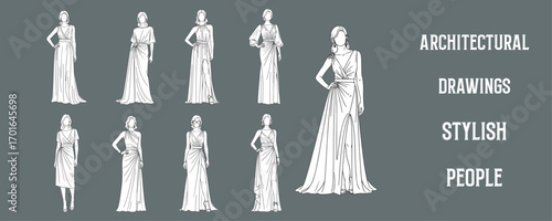 Architectural Drawings stylish people in elegant evening wear and gowns vector illustration,  front view, human person Minimal style hand drawn. Sections, Elevations, Floor Plans