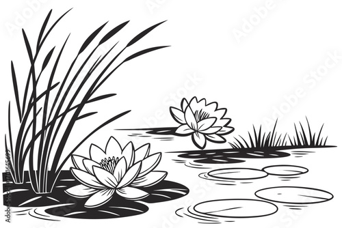 Black and White Water Lilies and Reeds.