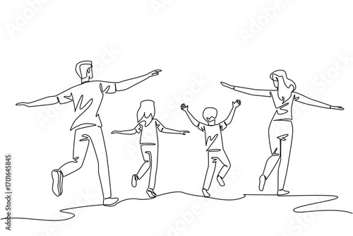 Single one line drawing back view, happy family running and stretching both hands. Running around the park with joy. Holiday. International Family Day. Continuous line design graphic illustration