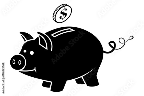 Black Piggy Bank with Dollar Coin Falling.