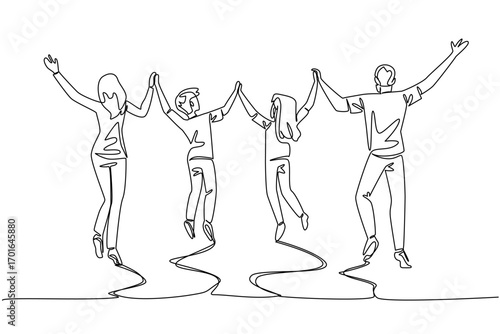 Single continuous line drawing back view, happy family jumps while lifting and holding hands. Exercise with the beloved family. Health. International Family Day. One line design vector illustration