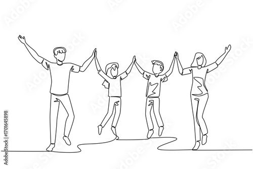 Single one line drawing happy family jumps while lifting and holding hands. Healthy holiday activities. Breathe fresh air in park. International Family Day. Continuous line design graphic illustration