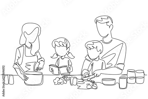 Single one line drawing happy family cooking together in the kitchen. Fun activities teach independence. Great holiday. Weekend. International Family Day. Continuous line design graphic illustration