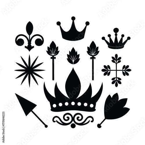 Vintage Page Decor Set with Crowns, Arrows and Elegant Floral Ornaments