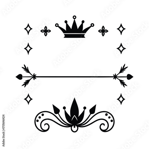 Vintage Page Decor Set with Crowns, Arrows and Elegant Floral Ornaments