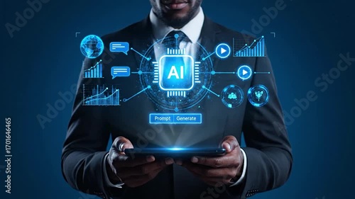AI agent, AI workflow automation and generative artificial intelligence concept. Businessman using AI agents on screen with chatbots, assistants and data analytics tools. LLM. ML. Agentic workflows.