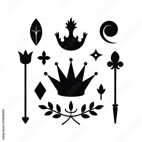 Vintage Page Decor Set with Crowns, Arrows and Elegant Floral Ornaments