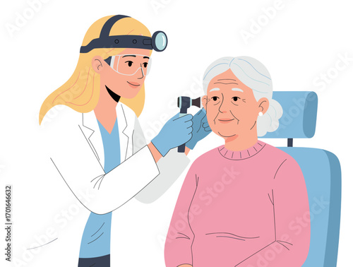ENT Doctor Examining Elderly Woman’s Ear with Otoscope – Geriatric Healthcare and Ear Checkup Concept