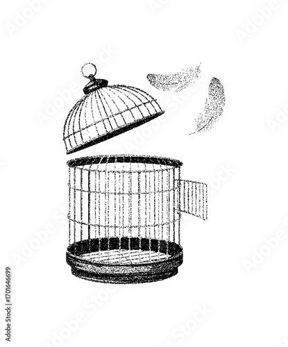 Open Birdcage with Floating Feathers, Symbolizing Freedom and Escape