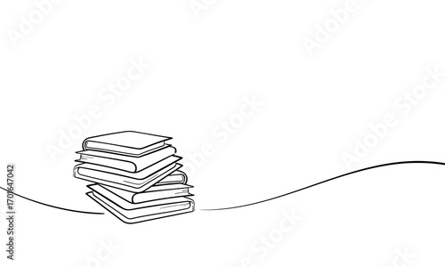 Stack of books, one continuous drawing. School and library education in simple line style. Writing rough in editable stroke. Vector illustration