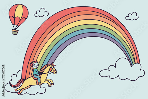 Child Riding Horse Under Rainbow and Hot Air Balloon.