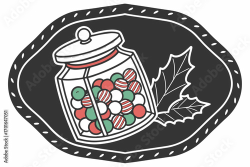 Christmas Candy Jar with Holly Leaves Illustration.
