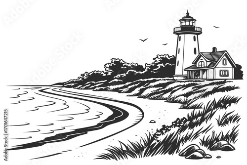 Coastal Lighthouse and Dwelling Illustration.
