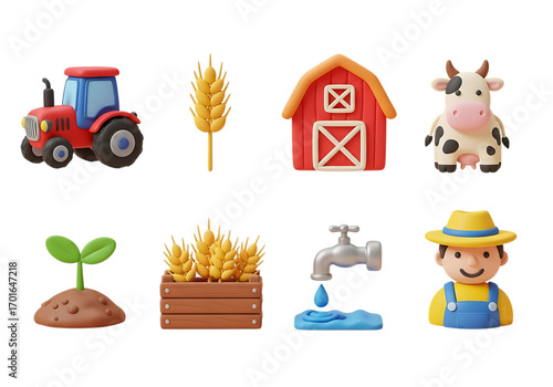 3d icon of farmthemed 3d icons including a tractor, barn, cow, and farmer, isolated on transparent background