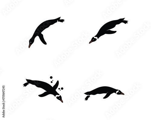 Four silhouettes of penguins diving and swimming underwater with bubbles against a white background