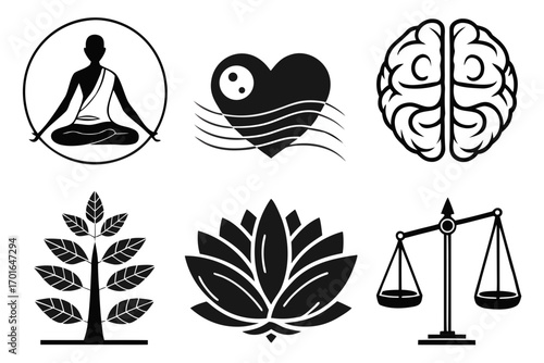 Collection of Abstract Icons Representing Life Mind and Balance.