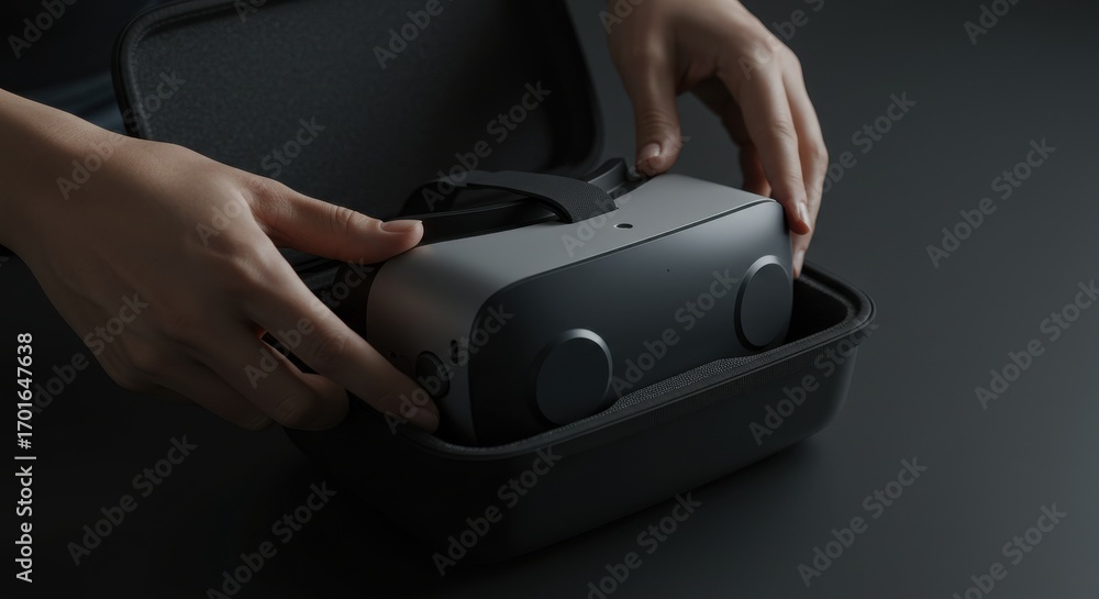 Fototapeta premium Hands carefully placing a vr headset in a protective case