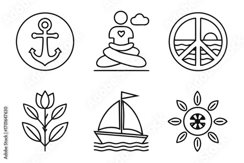 Collection of Simple Line Art Icons Representing Peace Nature and Travel.