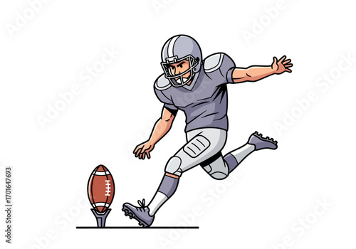 American football player in uniform kicking the ball during a game, action shot.