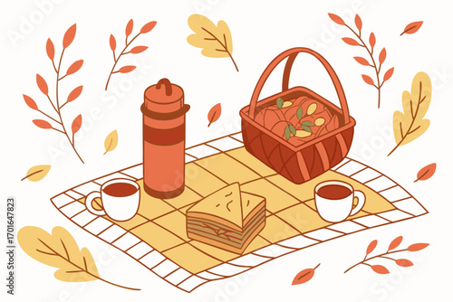 Cozy Autumn Picnic Basket with Food and Drinks.