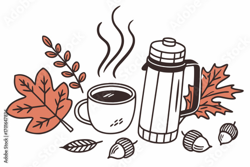 Cozy Autumn Coffee Break with Thermos and Leaves.