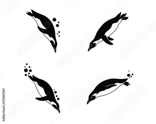 Four stylized black and white illustrations of penguins diving and swimming underwater with bubbles against a white background