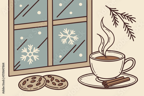 Cozy Winter Scene with Hot Drink and Cookies.