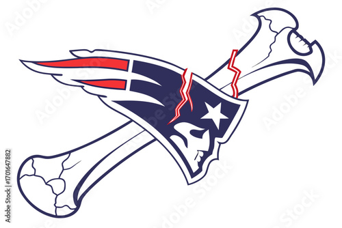 Cracked American Football Team Logo with Crossed Bones.