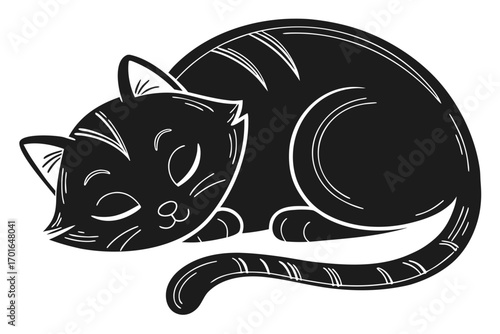 Cute Black Cat Sleeping Peacefully Silhouette.
