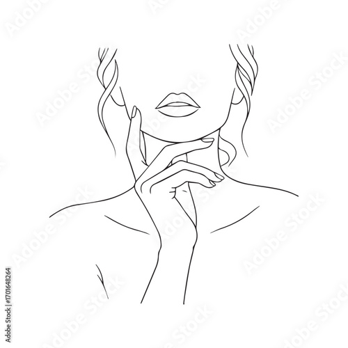 Abstract faceless woman portrait, minimalist line art. Elegant female silhouette with hand on face, beauty and skincare concept vector illustration.
