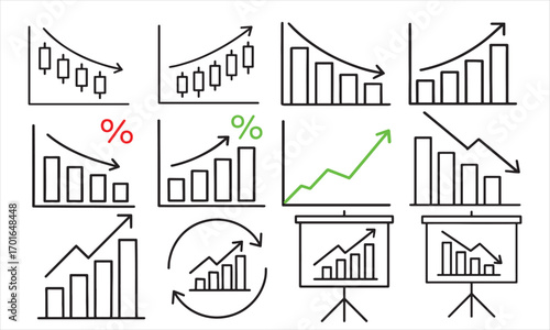 Hand-drawn chart icons:  Upward and downward trends, bar graphs, line graphs, percentage changes,  presentation visuals. vector illustration of business graph