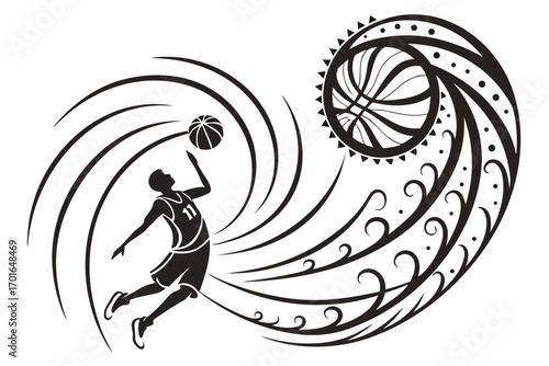 Dynamic Basketball Player Silhouette with Tribal Swirls.