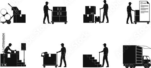 Silhouette vector set of delivery workers handling packages, loading trucks, pushing trolleys, stacking boxes, managing logistics, and transportation services.