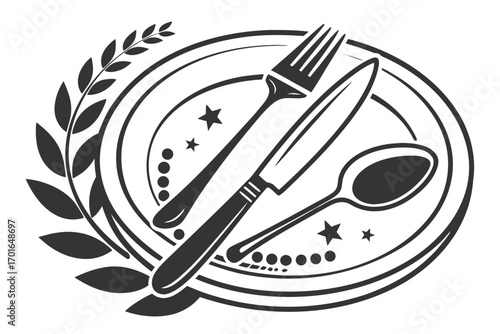 Elegant Plate with Cutlery and Laurel Wreath.