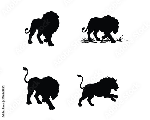 Collection of four distinct lion silhouettes showcasing different poses and majestic mane styles on a white background