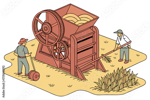 Farmers Operating Vintage Threshing Machine in Field.