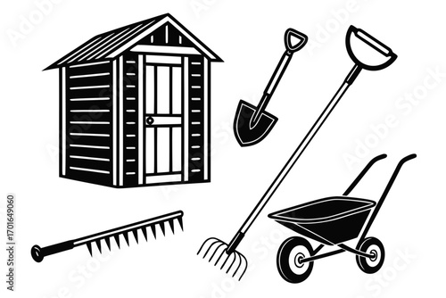 Garden Shed and Tools Collection Illustration.