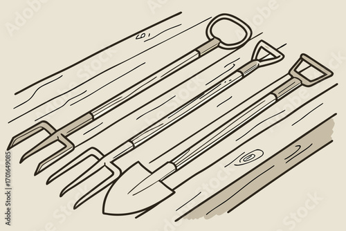 Garden Tools Collection Fork Spade and Shovel.