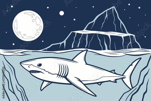 Great White Shark Swimming Under Full Moon.