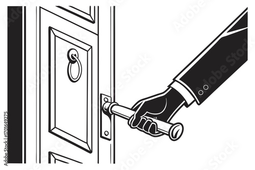 Hand Opening a Door with a Ring Knocker.