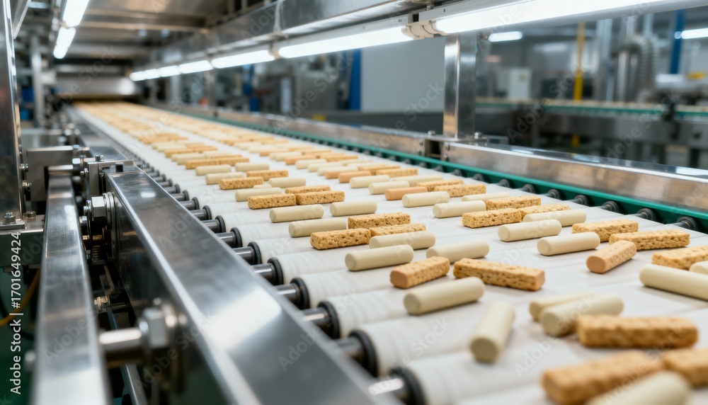 Fototapeta premium Automated Food Production: Conveyor Belt System with Products in a Modern Manufacturing Plant Setting
